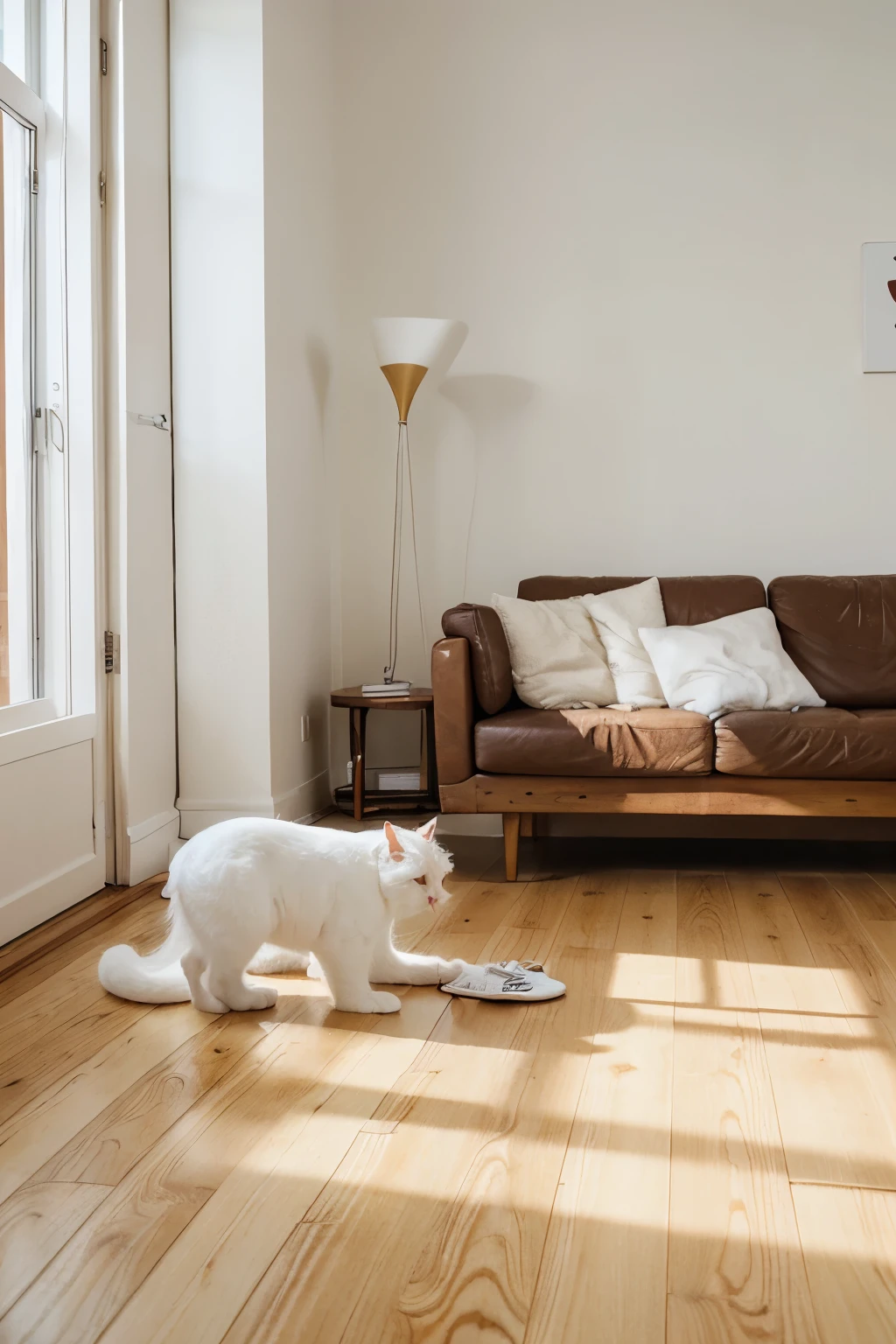 Advertisement poster with space for headline and white cream cat, left and right side empty, white living room, smooth wooden floor, no carpet, clean and spacious area, few items.