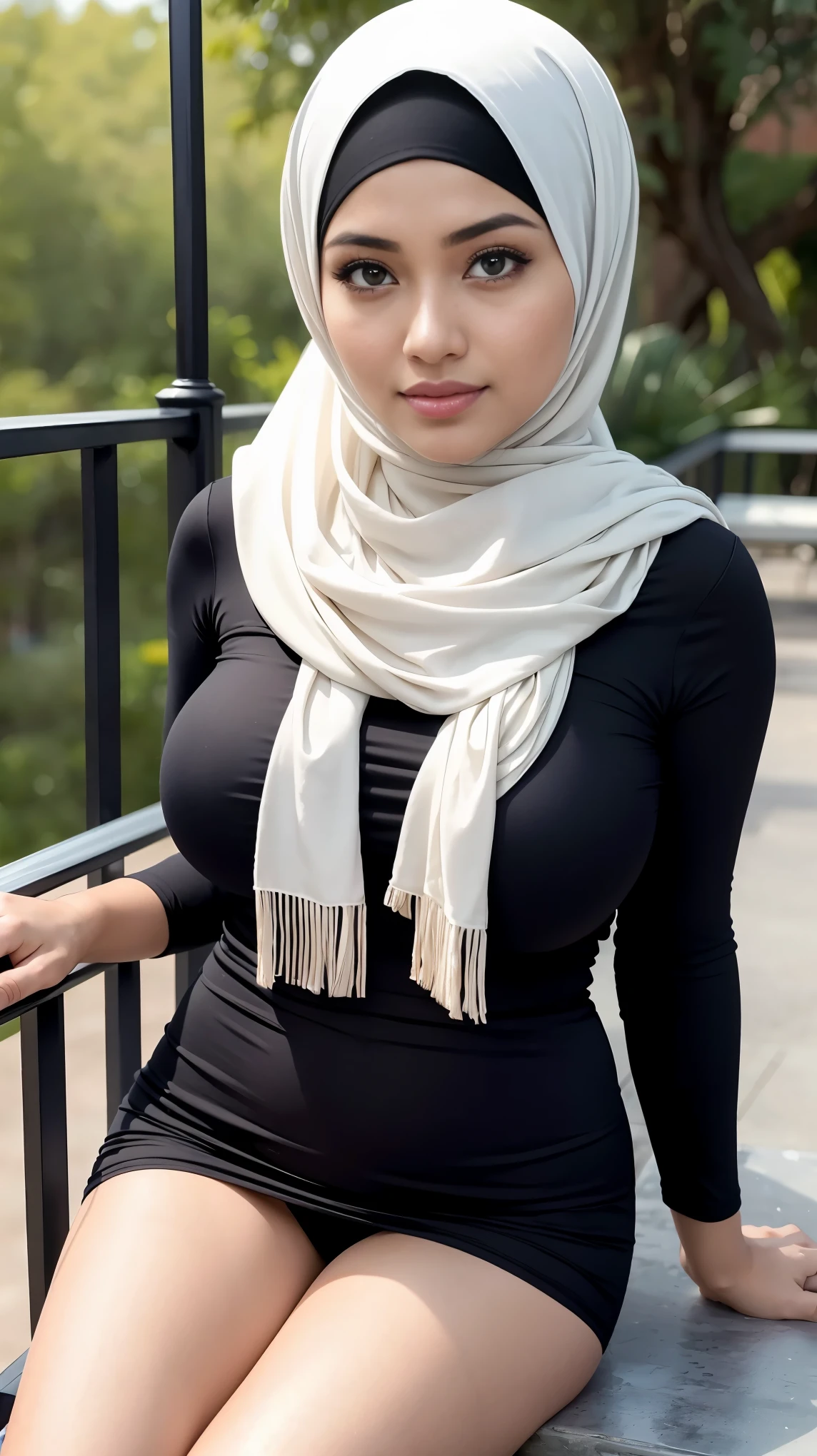 RAW, (Best quality, high resolution, work: 1.3), Beautiful Malay woman in hijab, perfect fit body, (Big breasts) , Beautiful big eyes, Soft smile, beautiful face, slightly open mouth, thick thighs, beautiful buttocks, , beautiful big eyes , gentle smile, beautiful girl, detailed face, Muslim woman in a hijab leaning on a railing, hijab, with beautiful exotic, casual pose, women full body, attractive pose, casual modern clothing, instagram post, casual photography, malaysian, monochrome, casual clothing style, beautiful girl, wearing black tight clothing, wonderful masterpiece, with lovely look, beautiful female