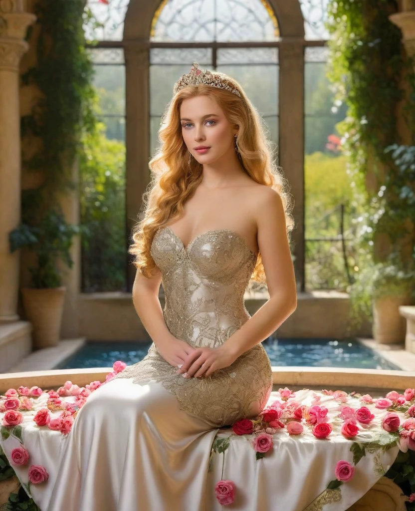 princess in blissful languor, beautiful detailed eyes, beautiful detailed lips, flowing gown, dreamy expression, golden hair cascading down, sparkling tiara, strawberry blonde curls, royal palace, soft sunlight filtering through stained glass windows, exquisite chandelier lighting, romantic atmosphere, vibrant colors, Mediterranean garden, fragrant flowers in full bloom, fountain with dancing water, whispering breeze, whimsical butterflies fluttering around, faint sound of birds chirping, lush greenery, ivy-covered trellis, endless rows of blooming roses, Prince Charming's irresistible presence, anticipating love and happiness, (best quality, 4k, 8k, highres, masterpiece:1.2), ultra-detailed, (realistic, photorealistic, photo-realistic:1.37), romantic portrait style, soft pastel color palette, dreamy lighting, ethereal ambiance