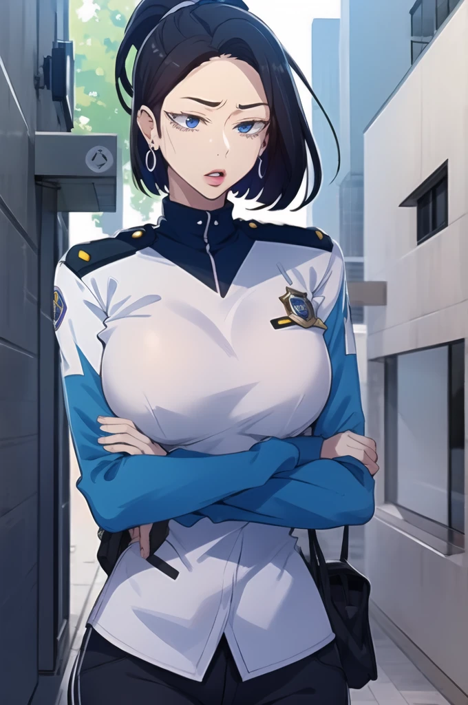  nari  t , blue eyes, black hair, short hair, big breasts,big silver drop dangle earrings ,hair ponytail , lipstick , police uniform 