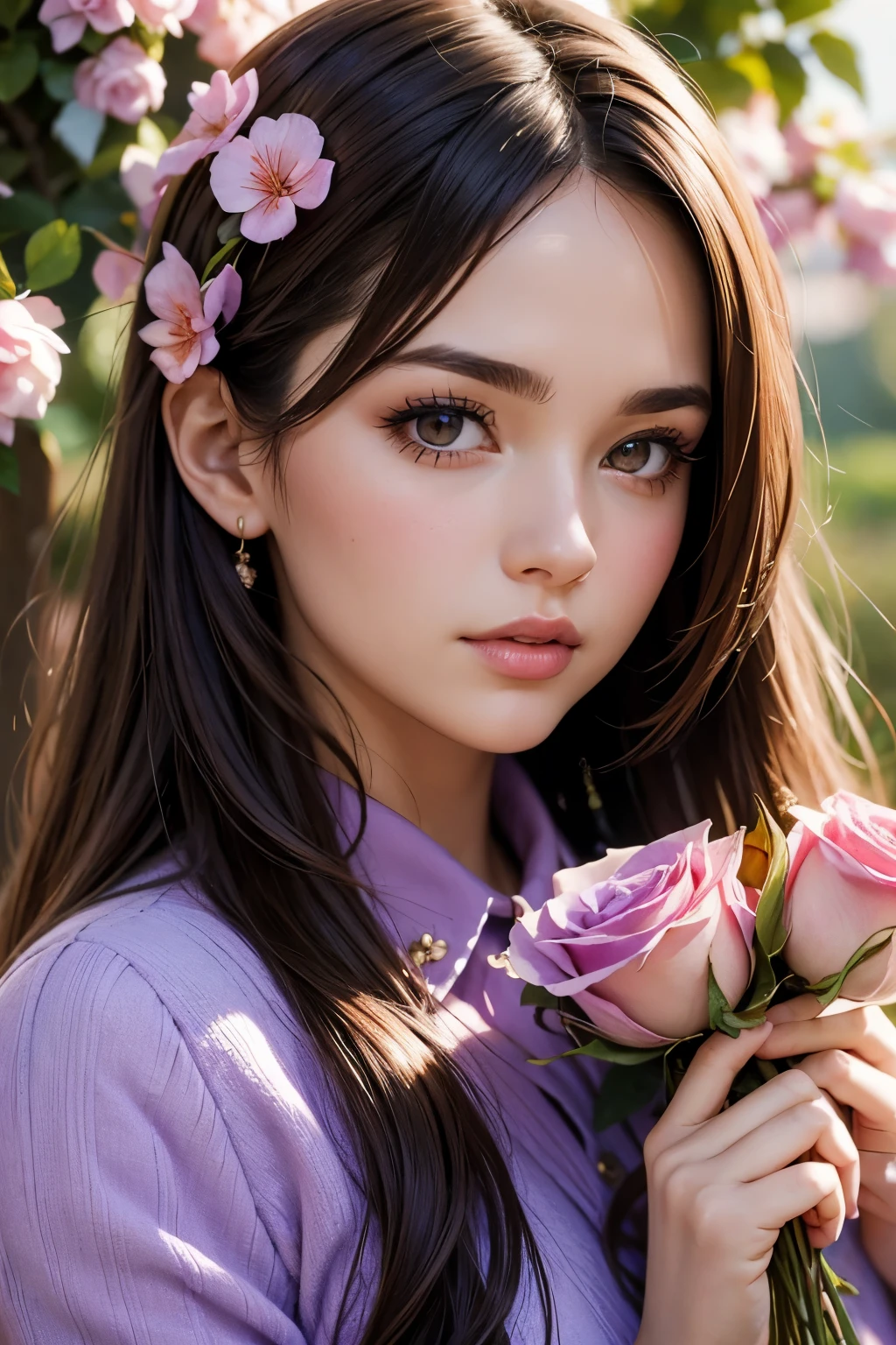 beautiful girl, beautiful face, brown hair, holding rose flowers, lilac flowers in the background. stylization, 16k, hyper detail