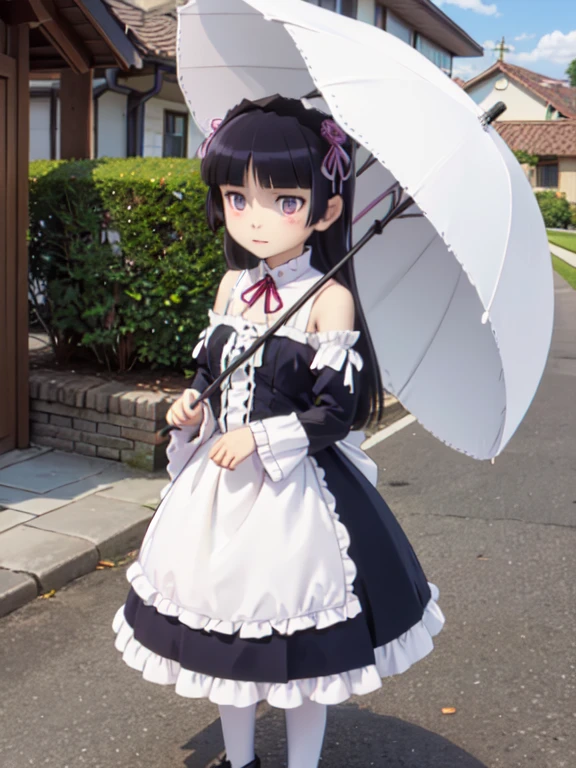 (Ultra-high resolution, masterpiece, Attention to detail, high quality, 最high quality) , 1 girl, alone, girl, Hime cut, Gothic ta, Loliashion, head band, (Bare shoulders), ((Parasol)), Pagoda Parasol, Holding an umbrella, (ruri gokou), Different world, Ancient Capital, middle ages, full body