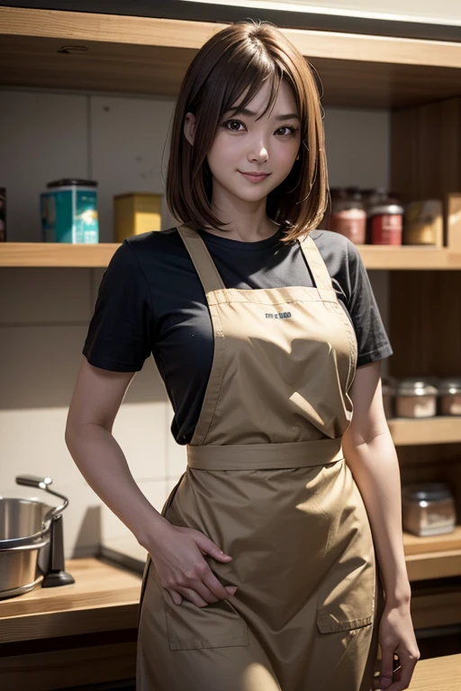 8K,Masterpiece,Inside a discount store,(alone),30 years old,(Japanese women)、One Woman、Smile,Slender figure,Small breasts,Shapely breasts,Light Brown Hair,Medium Hair,Realistic、Mature Woman,Realistic face、T-Shirts,apron,Product Shelf Placement