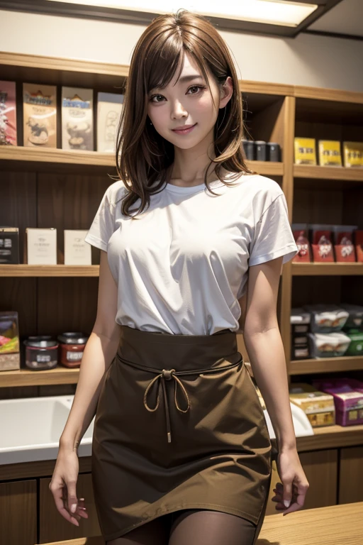 8K,Masterpiece,Inside a discount store,(alone),30 years old,(Japanese women)、One Woman、Smile,Slender figure,Small breasts,Shapely breasts,Light Brown Hair,Medium Hair,Realistic、Mature Woman,Realistic face、T-Shirts,apron,Product Shelf Placement