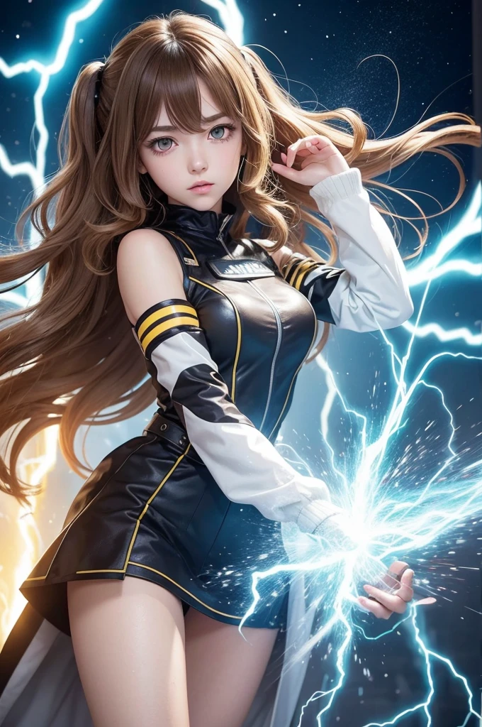 Create a female character based on the traits of the anime “Boku no hero”, She's a teenager, have wavy dark brown hair with medium-length blonde highlights, She is white, have yellow eyes, the hero outfit can be your choice, but it has to be something that involves electricity, which is her super power, I want the image in anime character traits