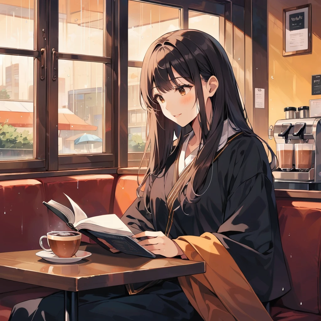 Scene of a cafe with rain falling outside the window, a girl is reading a book while drinking hot chocolate at a window seat, warm light and calm expression are impressive, Japanese anime style
