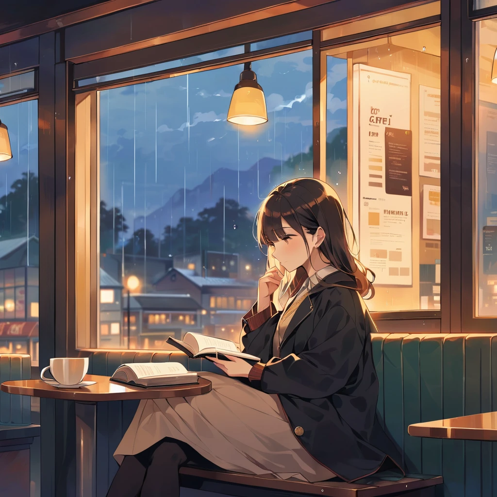 Scene of a cafe with rain falling outside the window, a girl is reading a book while drinking hot chocolate at a window seat, warm light and calm expression are impressive, Japanese anime style