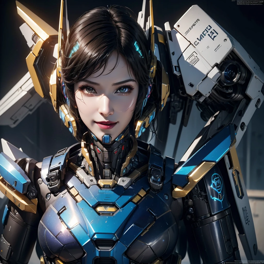 Super detailed, advanced details, high quality, 最high quality, High resolution, 8K HDR, hard disk,(pharah),overwatch,beautiful cyborg woman,Mecha cyborg girl,battle mode,Mecha body girl,She wears a futuristic mech. smile