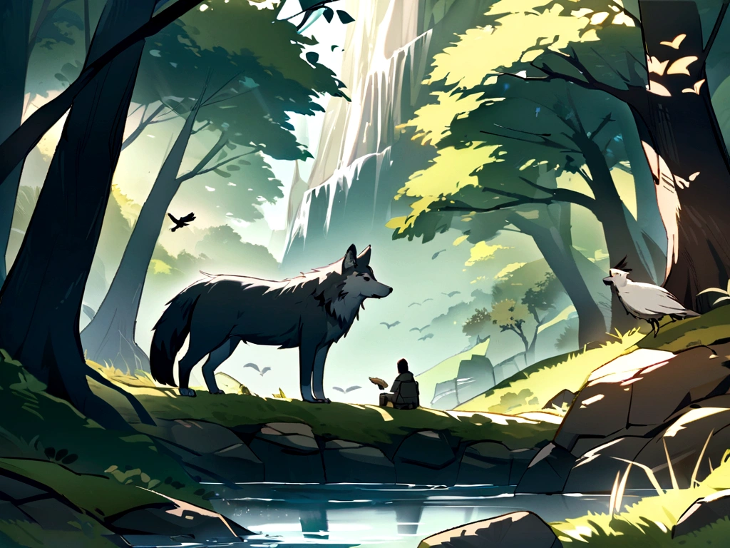 Create a natural forest mountain, with river, animals and birds. Insert a boy sitting next to a wolf.