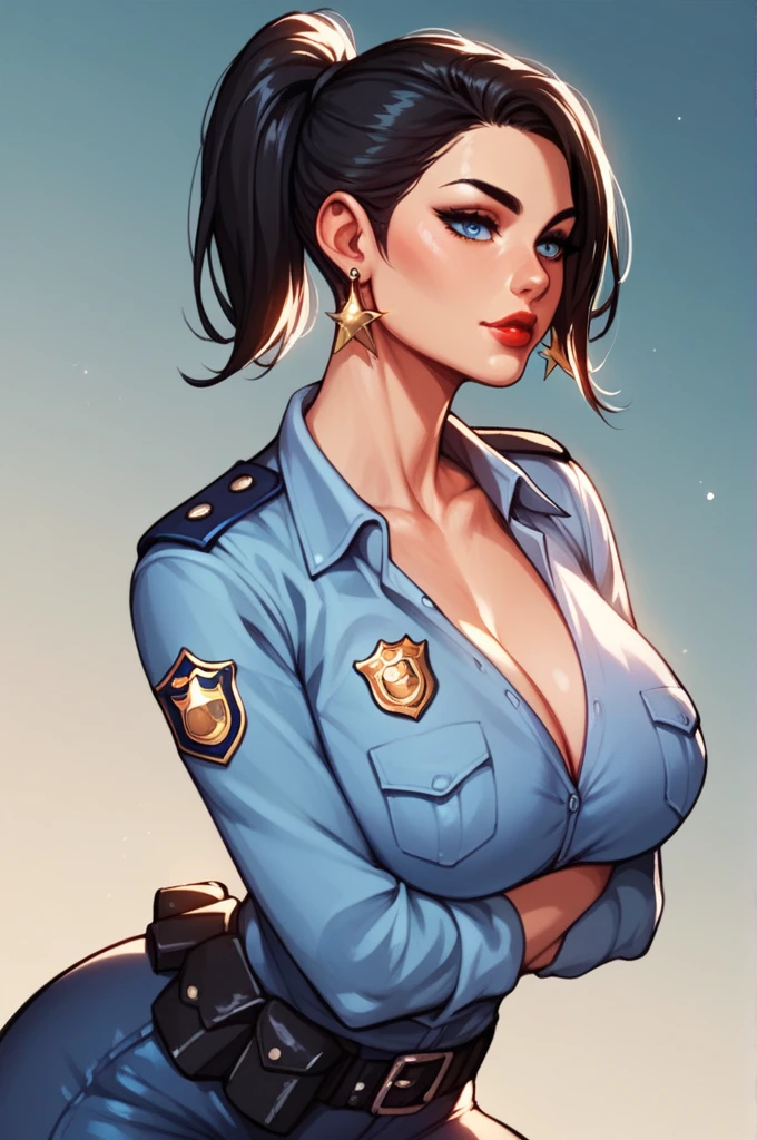 nari , blue eyes, black hair, short hair, big breasts,big silver drop dangle earrings ,hair ponytail , lipstick , police uniform