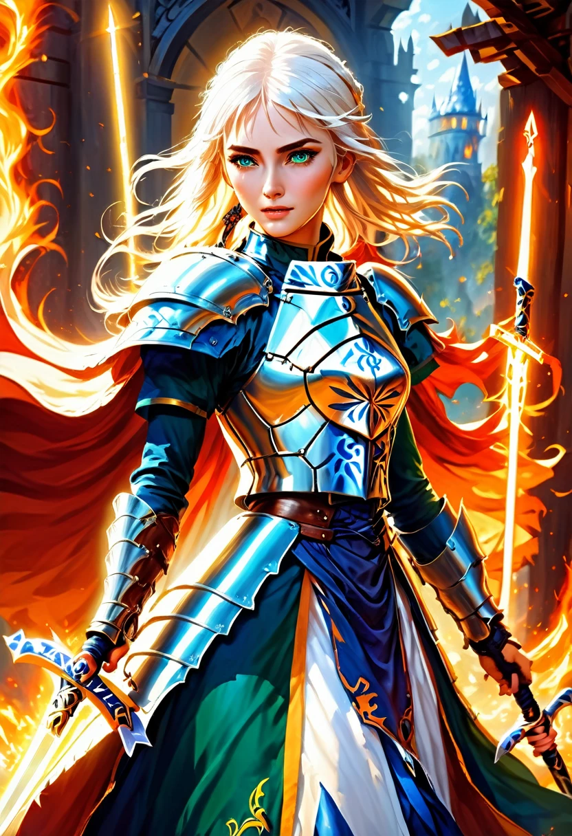 fantasy art, dnd art, RPG art, wide shot, (masterpiece: 1.4) portrait, intense details, highly detailed, photorealistic, best quality, highres, portrait a vedalken female (fantasy art, Masterpiece, best quality: 1.3) ((blue skin: 1.5)), intense details facial details, exquisite beauty, (fantasy art, Masterpiece, best quality) cleric, (blue colored skin: 1.5) 1person blue_skin, blue skinned female, (white hair: 1.3), long hair, intense green eye, fantasy art, Masterpiece, best quality) armed a fiery sword red fire, wearing heavy (white: 1.3) half plate mail armor CM-Beautiful_armor wearing high heeled laced boots, wearing an(orange :1.3) cloak, wearing glowing holy symbol GlowingRunes_yellow, within fantasy temple background, reflection light, high details, best quality, 16k, [ultra detailed], masterpiece, best quality, (extremely detailed), close up, ultra wide shot, photorealistic, RAW, fantasy art, dnd art, fantasy art, realistic art, ArmoredDress, Cinematic Hollywood Film, GlowingRunesAI_paleblue