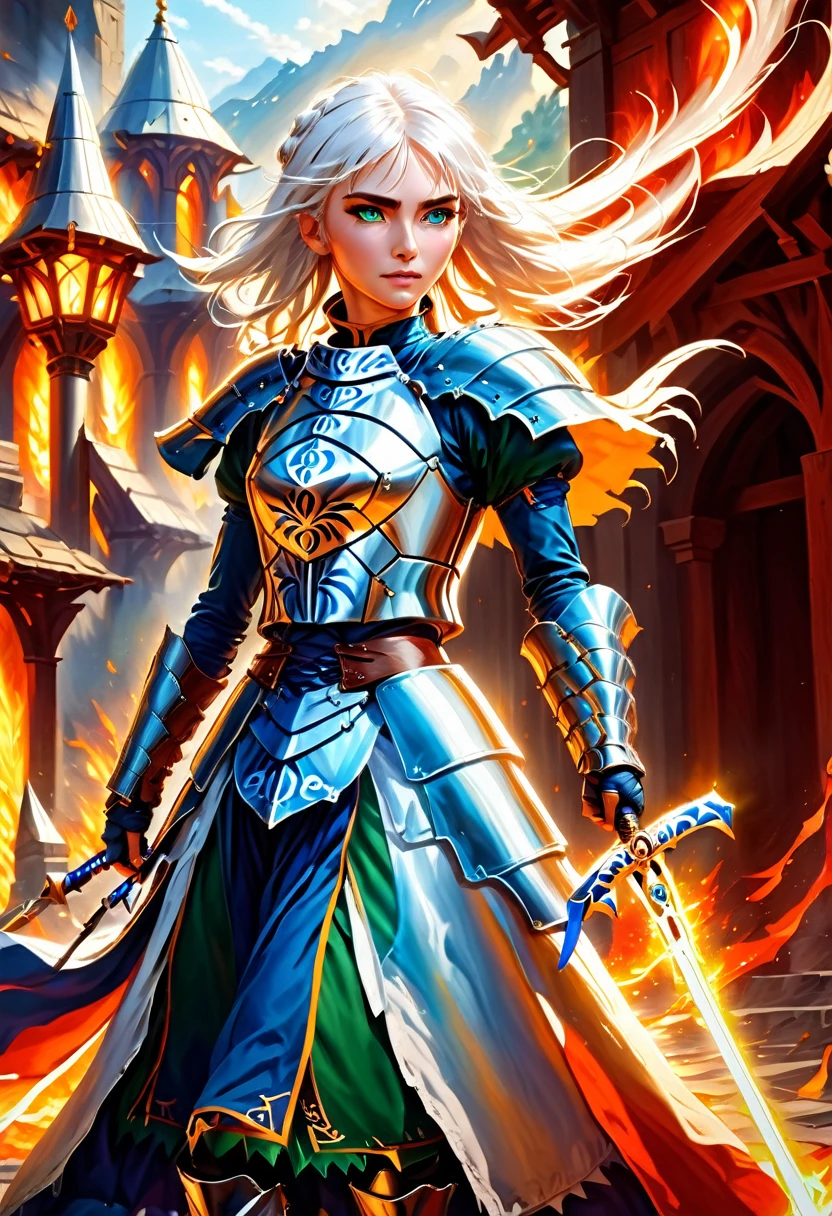fantasy art, dnd art, RPG art, wide shot, (masterpiece: 1.4) portrait, intense details, highly detailed, photorealistic, best quality, highres, portrait a vedalken female (fantasy art, Masterpiece, best quality: 1.3) ((blue skin: 1.5)), intense details facial details, exquisite beauty, (fantasy art, Masterpiece, best quality) cleric, (blue colored skin: 1.5) 1person blue_skin, blue skinned female, (white hair: 1.3), long hair, intense green eye, fantasy art, Masterpiece, best quality) armed a fiery sword red fire, wearing heavy (white: 1.3) half plate mail armor CM-Beautiful_armor wearing high heeled laced boots, wearing an(orange :1.3) cloak, wearing glowing holy symbol GlowingRunes_yellow, within fantasy temple background, reflection light, high details, best quality, 16k, [ultra detailed], masterpiece, best quality, (extremely detailed), close up, ultra wide shot, photorealistic, RAW, fantasy art, dnd art, fantasy art, realistic art, ArmoredDress, Cinematic Hollywood Film, GlowingRunesAI_paleblue