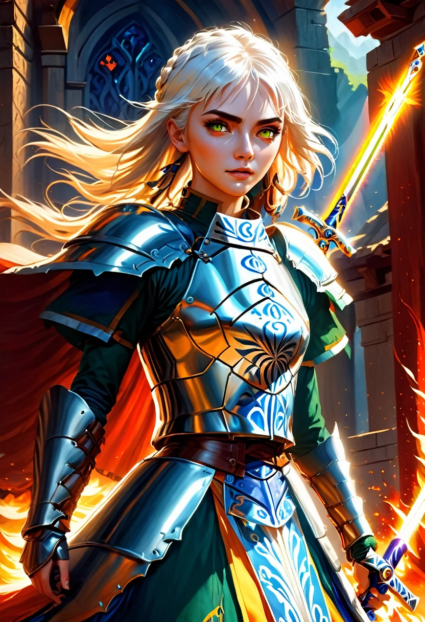 fantasy art, dnd art, RPG art, wide shot, (masterpiece: 1.4) portrait, intense details, highly detailed, photorealistic, best quality, highres, portrait a vedalken female (fantasy art, Masterpiece, best quality: 1.3) ((blue skin: 1.5)), intense details facial details, exquisite beauty, (fantasy art, Masterpiece, best quality) cleric, (blue colored skin: 1.5) 1person blue_skin, blue skinned female, (white hair: 1.3), long hair, intense green eye, fantasy art, Masterpiece, best quality) armed a fiery sword red fire, wearing heavy (white: 1.3) half plate mail armor CM-Beautiful_armor wearing high heeled laced boots, wearing an(orange :1.3) cloak, wearing glowing holy symbol GlowingRunes_yellow, within fantasy temple background, reflection light, high details, best quality, 16k, [ultra detailed], masterpiece, best quality, (extremely detailed), close up, ultra wide shot, photorealistic, RAW, fantasy art, dnd art, fantasy art, realistic art, ArmoredDress, Cinematic Hollywood Film, GlowingRunesAI_paleblue