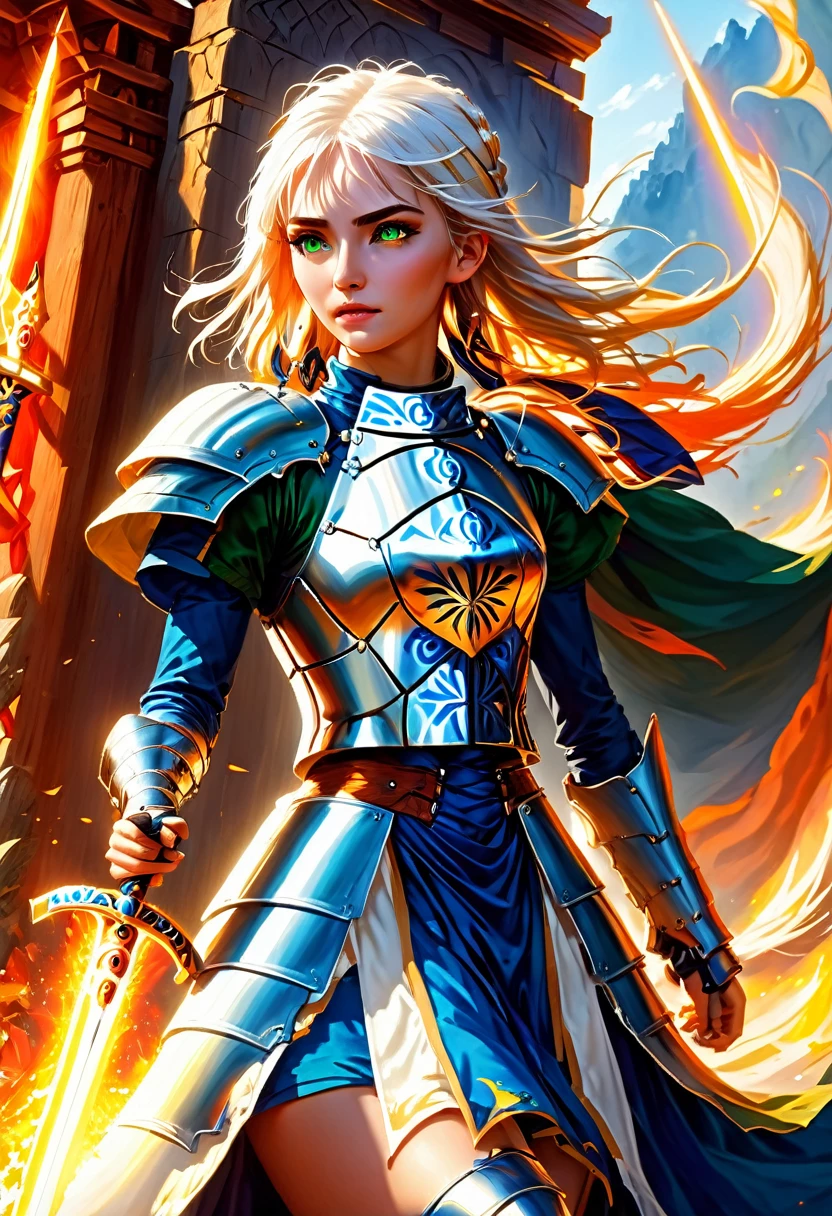 fantasy art, dnd art, RPG art, wide shot, (masterpiece: 1.4) portrait, intense details, highly detailed, photorealistic, best quality, highres, portrait a vedalken female (fantasy art, Masterpiece, best quality: 1.3) ((blue skin: 1.5)), intense details facial details, exquisite beauty, (fantasy art, Masterpiece, best quality) cleric, (blue colored skin: 1.5) 1person blue_skin, blue skinned female, (white hair: 1.3), long hair, intense green eye, fantasy art, Masterpiece, best quality) armed a fiery sword red fire, wearing heavy (white: 1.3) half plate mail armor CM-Beautiful_armor wearing high heeled laced boots, wearing an(orange :1.3) cloak, wearing glowing holy symbol GlowingRunes_yellow, within fantasy temple background, reflection light, high details, best quality, 16k, [ultra detailed], masterpiece, best quality, (extremely detailed), close up, ultra wide shot, photorealistic, RAW, fantasy art, dnd art, fantasy art, realistic art, ArmoredDress, Cinematic Hollywood Film, GlowingRunesAI_paleblue