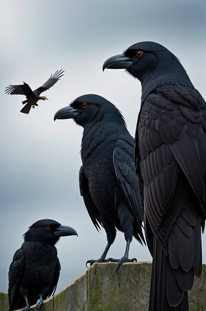 two crows, one bigger than the other, both with imposing presence and red eyes, semi realistic illustration