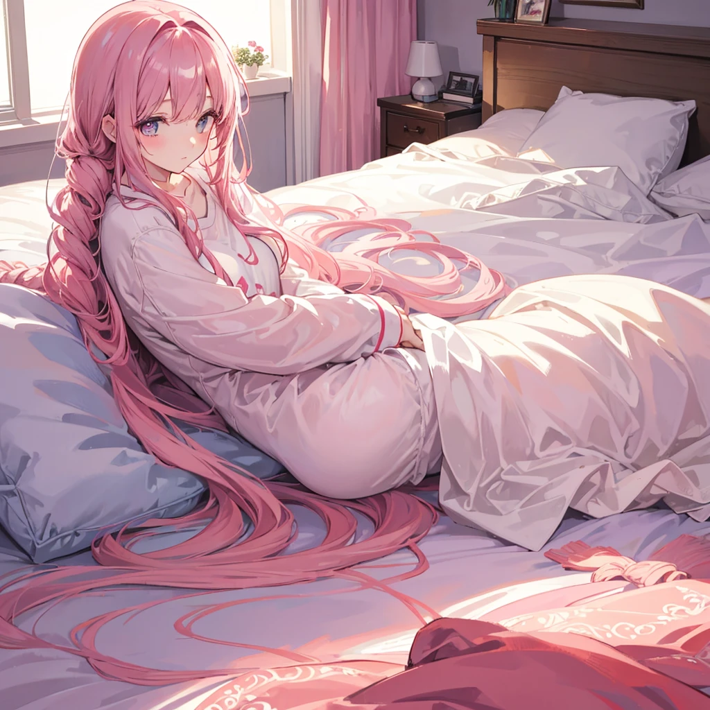 A cute girl with long, curly pink hair is sleeping in a bed in her bedroom. It is morning, and soft sunlight is streaming through the window, gently illuminating the room. She looks peaceful and serene, snuggled under a cozy blanket. The bedroom is cozy and inviting, with a soft color palette and gentle morning light enhancing the tranquil atmosphere.