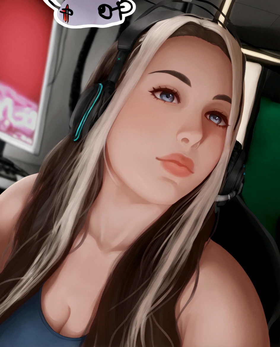 (((illustration)), (Depth of field: 1.2),standing alone,dynamic angle,1 girl,Hacker beautiful 28 year old girl with medium skin, Inside the house, hall, Dim hall, Sci-fi, neon, neon Lights, Computer hall, Gaming Headphones, Computer equipment, Server hall Background, display lights, Monitors, (LED Monitors, surrounded by multiple display Monitors: 1.5), gaming chair, dark haired, 2 mechas de cabelo brancas na parte da 正面, long hair, lightweight cyber clothing, energetic drinks, cables, messy room, 正面, fund.