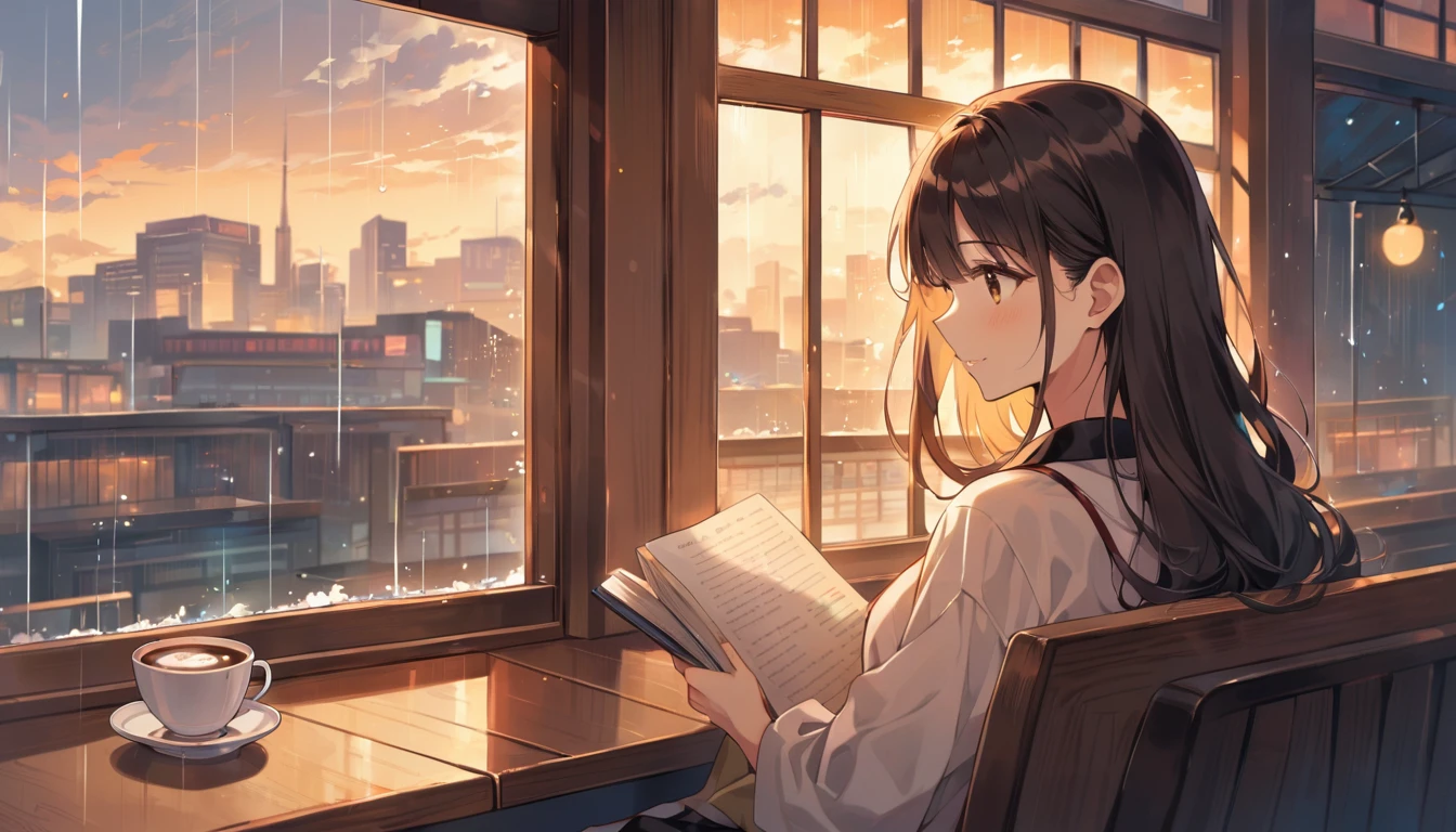 Scene of a cafe with rain falling outside the window, a girl is reading a book while drinking hot chocolate at a window seat, warm light and calm expression are impressive, Japanese anime style