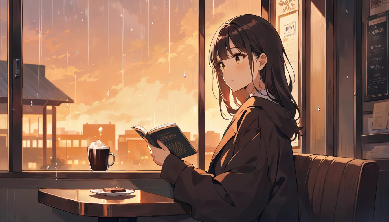 Scene of a cafe with rain falling outside the window, a girl is reading a book while drinking hot chocolate at a window seat, warm light and calm expression are impressive, Japanese anime style