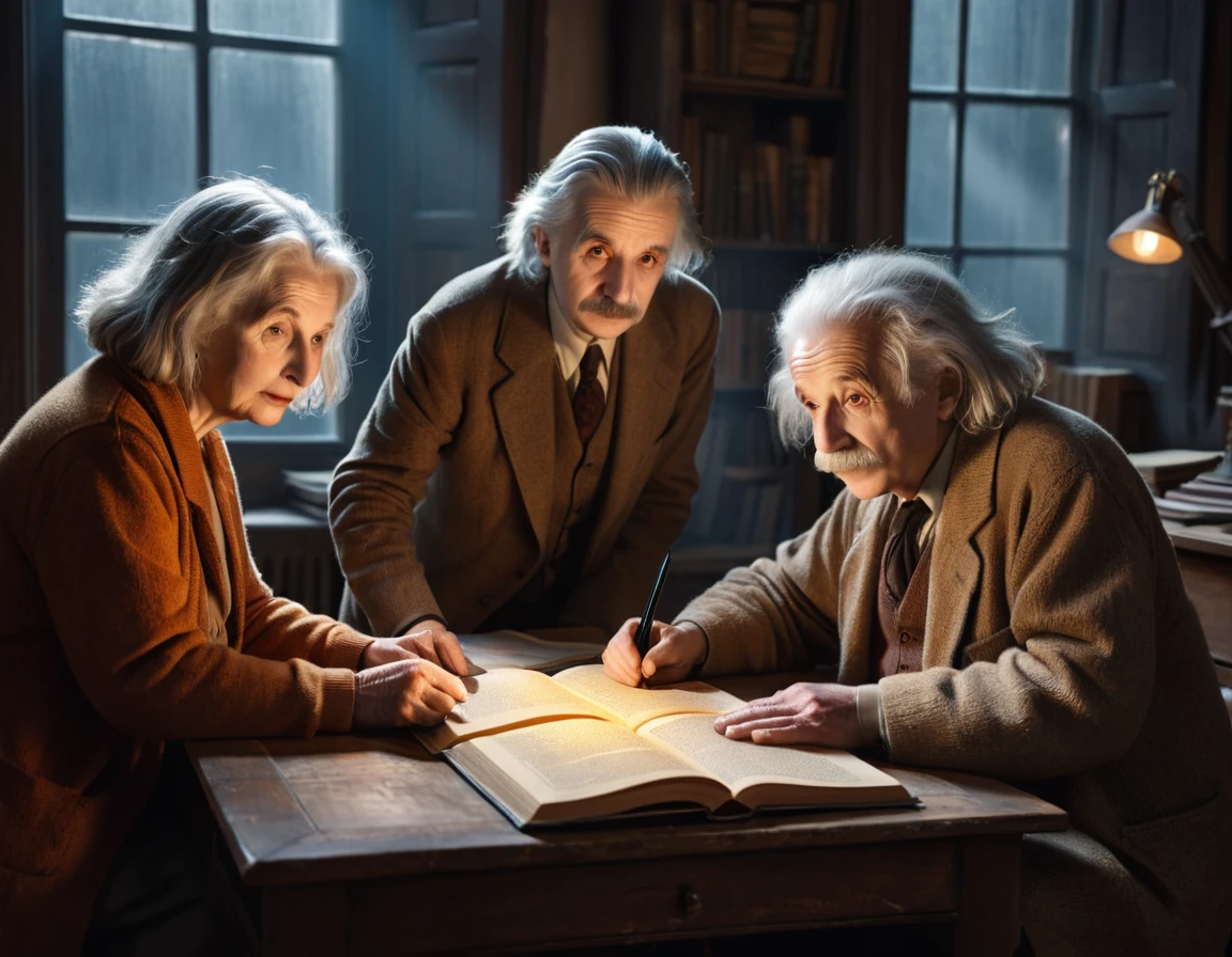 3 elderly people, only one is Albert Einstein, pointing to a computer in lanhouse, ominous windows shrouded in mist, casting a mysterious and mystical ambience, as if the shadows themselves were about to reveal a sinister secret, with a warm and soft tones of burnt oranges, faded golds and dusty blues, evoking a sense of aged and forgotten knowledge, surrounded by scattered, dusty tomes and ancient scientific instruments, bathed in a warm, soft glow.