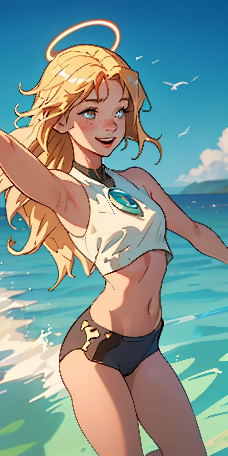 A drenched beauty, her laugh echoing over the waves, revels in the sun's warmth. Her blonde hair, wavy and wild, shines like a halo, and her freckles dance across her face with every smile. Her crop top, clinging to her curves, barely conceals her perky breasts, their peaks just barely visible.