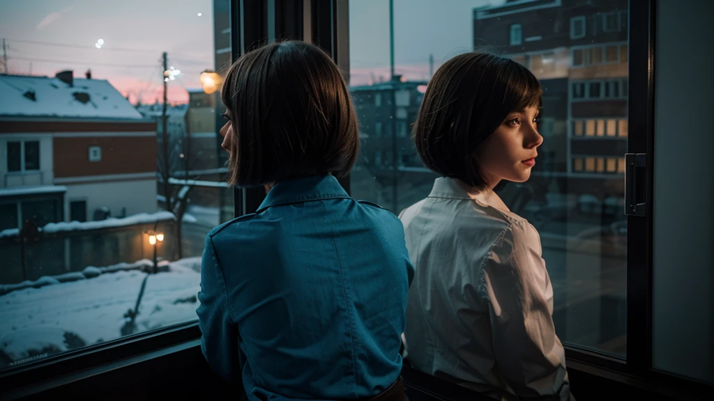 girl with a bob looking out the window sitting Russia night panels cool colors back view of the girl
