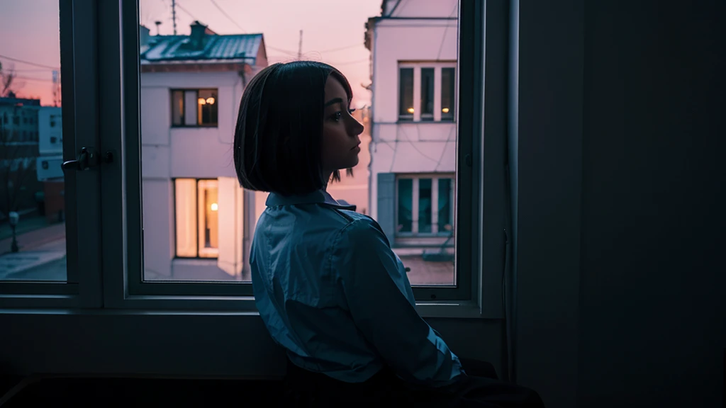 girl with a bob looking out the window sitting Russia night panels cool colors back view of the girl
