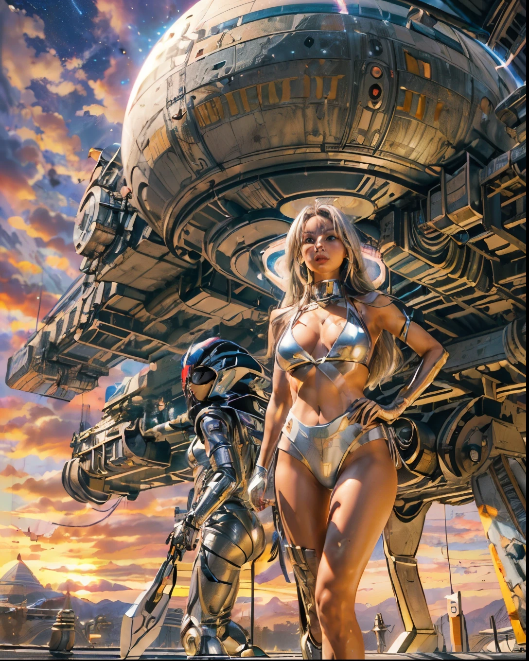 (((low angle shot))), ((women fighting in war wearing ultra thin translucent bikini with gorgeous muscular long legs)), ((pink silver black)), prismatic, reflective, ((ultra perfect flowing hairstyle)), (((huge natural breasts, tan lines))), ((perfect radiant skin color)), ((super colourful)), (((cinematic sunset gorgeous skies))), (((detailed spaceship background and incredibly sci-fi retro art masterpiece))), (((1:1 scale proportions))), ((science fiction)), ((chrome spaceships)), (((ultra photorealistic realism))), ((Smooth curves, clean lines, streamlined, functional aesthetics, reflective surfaces, integrated lighting, giant floating spaceships, engraved Egyptian and spiritual motifs)), ((acrylic plastic robot))