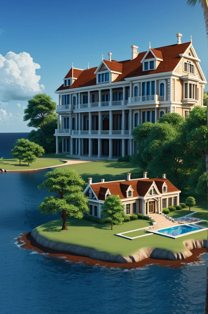 Create a realistic image of a beautiful mansion on an island