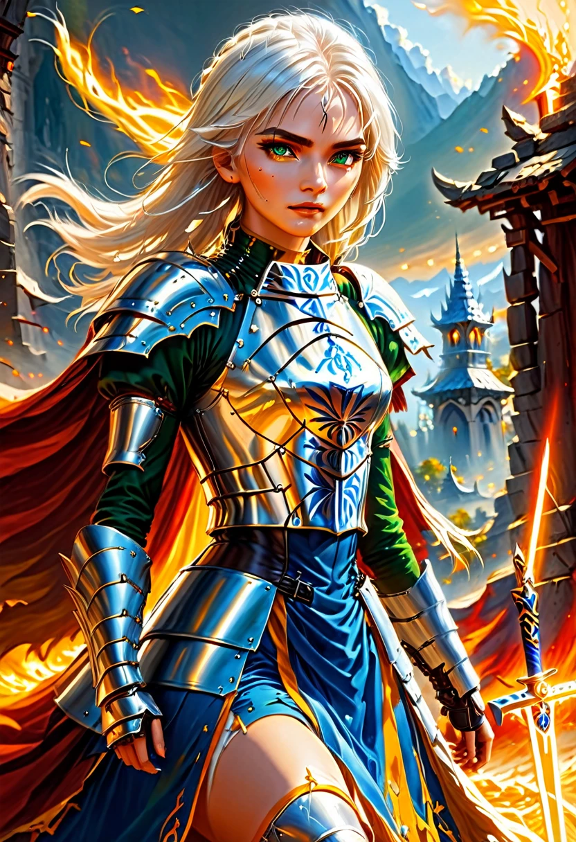 fantasy art, dnd art, RPG art, wide shot, (masterpiece: 1.4) portrait, intense details, highly detailed, photorealistic, best quality, highres, portrait a vedalken female (fantasy art, Masterpiece, best quality: 1.3) ((blue skin: 1.5)), intense details facial details, exquisite beauty, (fantasy art, Masterpiece, best quality) cleric, (blue colored skin: 1.5) 1person blue_skin, blue skinned female, (white hair: 1.3), long hair, intense green eye, fantasy art, Masterpiece, best quality) armed a fiery sword red fire, wearing heavy (white: 1.3) half plate mail armor CM-Beautiful_armor wearing high heeled laced boots, wearing an(orange :1.3) cloak, wearing glowing holy symbol GlowingRunes_yellow, within fantasy temple background, reflection light, high details, best quality, 16k, [ultra detailed], masterpiece, best quality, (extremely detailed), close up, ultra wide shot, photorealistic, RAW, fantasy art, dnd art, fantasy art, realistic art, ArmoredDress, Cinematic Hollywood Film, intense gaze, GlowingRunesAI_yellow