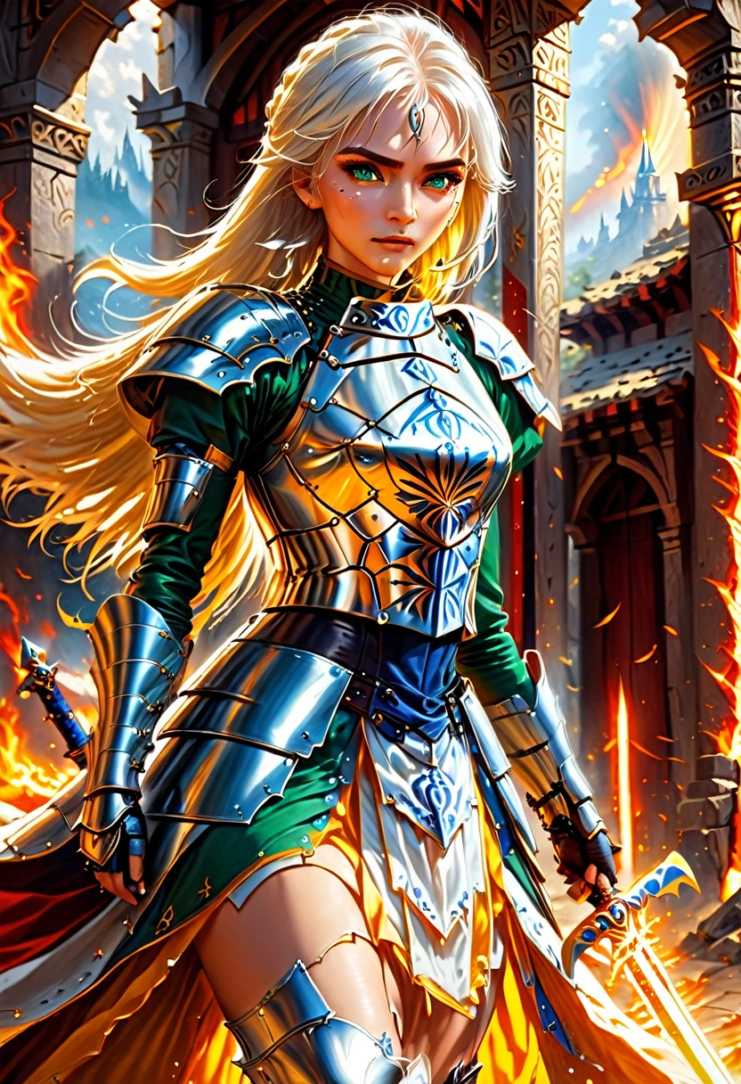 fantasy art, dnd art, RPG art, wide shot, (masterpiece: 1.4) portrait, intense details, highly detailed, photorealistic, best quality, highres, portrait a vedalken female (fantasy art, Masterpiece, best quality: 1.3) ((blue skin: 1.5)), intense details facial details, exquisite beauty, (fantasy art, Masterpiece, best quality) cleric, (blue colored skin: 1.5) 1person blue_skin, blue skinned female, (white hair: 1.3), long hair, intense green eye, fantasy art, Masterpiece, best quality) armed a fiery sword red fire, wearing heavy (white: 1.3) half plate mail armor CM-Beautiful_armor wearing high heeled laced boots, wearing an(orange :1.3) cloak, wearing glowing holy symbol GlowingRunes_yellow, within fantasy temple background, reflection light, high details, best quality, 16k, [ultra detailed], masterpiece, best quality, (extremely detailed), close up, ultra wide shot, photorealistic, RAW, fantasy art, dnd art, fantasy art, realistic art, ArmoredDress, Cinematic Hollywood Film, intense gaze, GlowingRunesAI_yellow