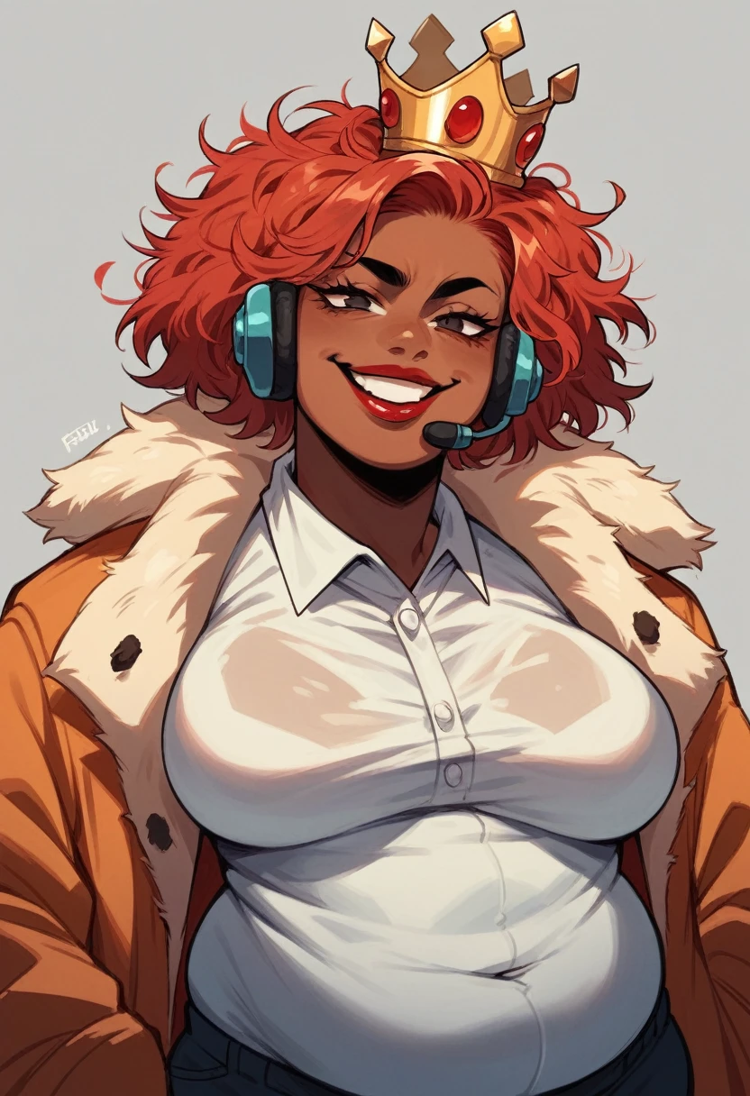 chubby black woman, african skin, redhair, red hair, messy hair, white shirt, orange fur coat, red lipstick, headset in the shape of a crown, naughty smile
