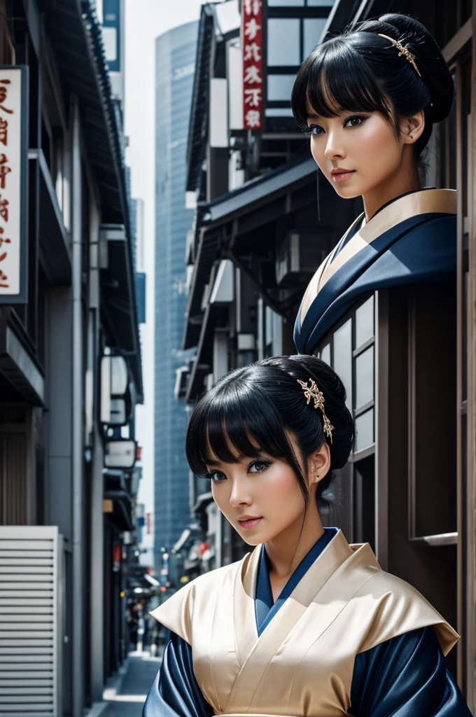 Bblack hair, blue eyes, skin tanned, height 1,57, neutral expression, black kimono outfit, most beautiful futuristic city beautiful,