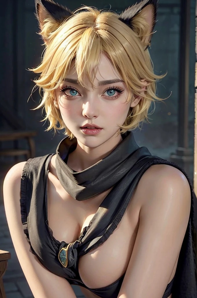 beautiful furry girl, short yellow hair with cat ears, wearing a scarf around her neck, wearing a bra, big boobs beautiful detailed eyes, beautiful detailed lips, extremely detailed face, long eyelashes, portrait, fantasy, realistic, photorealistic, 8k, high quality, masterpiece, vibrant colors, soft lighting