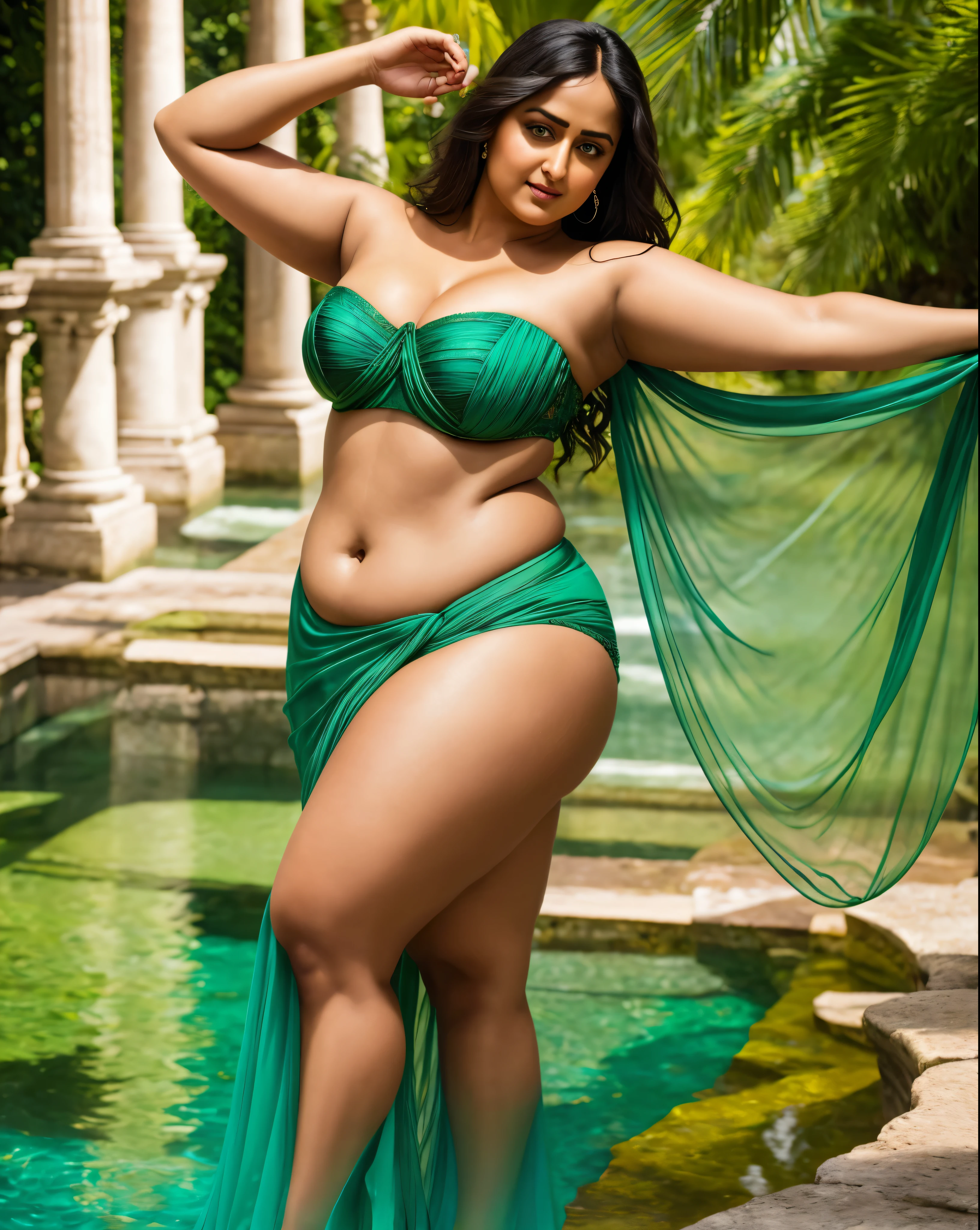 Looks like Anushka Shetty, thick figure, heavy physique, Masterpiece, thick figure heavy figure, curvy, voluptuous, sexy navel folds, Best quality, high clarity eyes, critically flawless,sharp picture, Full portrait, High pixels, perfect face, perfect eyes, beautiful face, perfect hands,perfect fingers, in Peter Paul Rubens style, by Peter Paul Rubens, baroque style, acrylic on canvas, highly detailed, description: "Create a nymph inspired by the tales of Greek or Roman mythology, embodying the essence of a natural element or location, and possessing a unique ability or trait that sets her apart.", strapless Bra of ancient times, strapless bralette, armpits showing, 