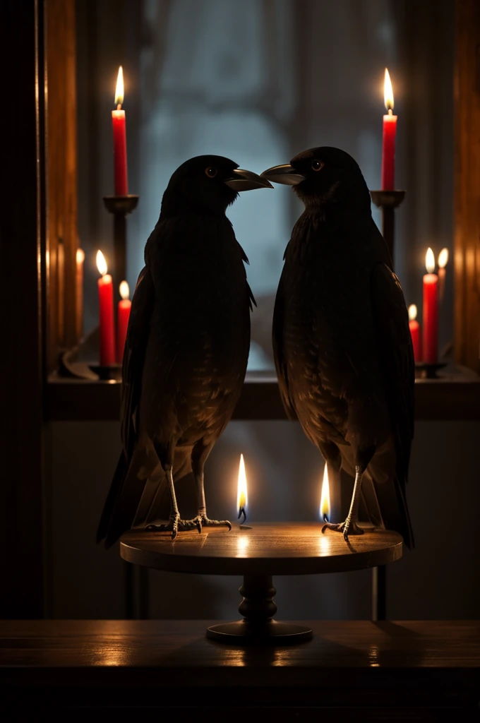 Two crows standing on a table, inside a dark room illuminated by the light of several candles, the female is small, the male is big, they both have red eyes