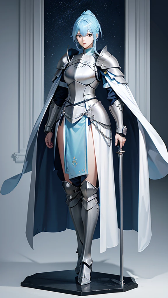 Light blue hair, female knight, tall, Full body side view, View Viewer, Pure white background