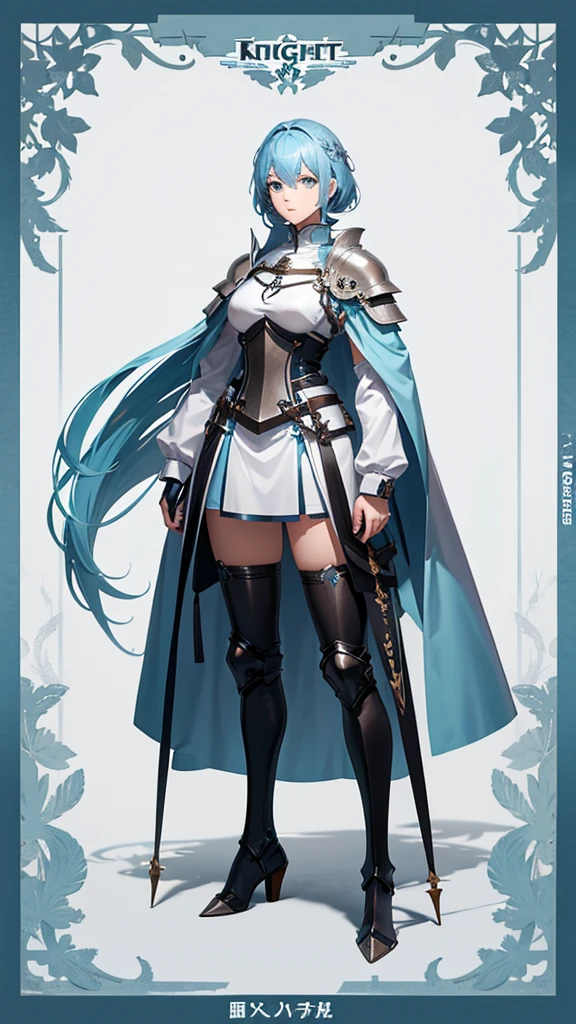 Light blue hair, female knight, tall, Full body side view, View Viewer, Pure white background