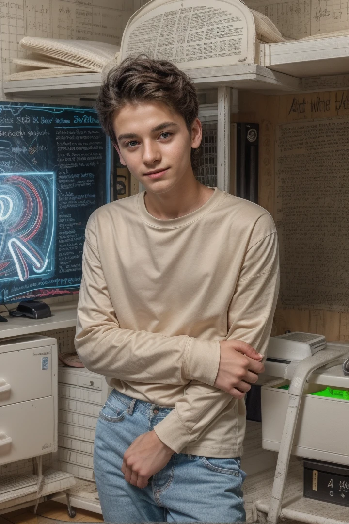 A beautiful young man, a cute male twink, with black hair, wearing a white long-sleeved shirt and jeans, and he is in his office, and behind him is a blackboard with calculus written on it, and neon energy comes out of the blackboard, and he looks on proudly.