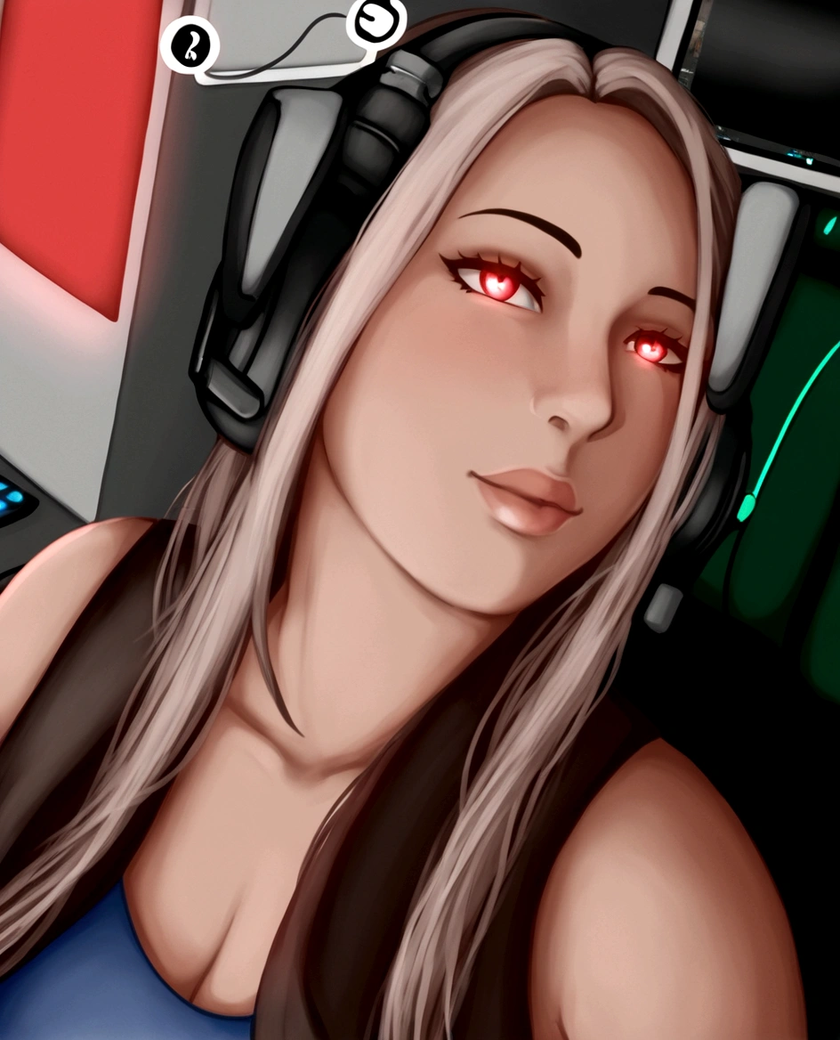(((illustration)), (Depth of field: 1.2),standing alone,dynamic angle,1 girl,Hacker beautiful 28 year old girl with medium skin, Inside the house, hall, Dim hall, Sci-fi, neon, neon Lights, Computer hall, Gaming Headphones, Computer equipment, Server hall Background, display lights, Monitors, (LED Monitors, surrounded by multiple display Monitors: 1.5), gaming chair, dark haired, 2 mechas de cabelo brancas na parte da 正面, long hair, lightweight cyber clothing, energetic drinks, cables, messy room, 正面, fund.