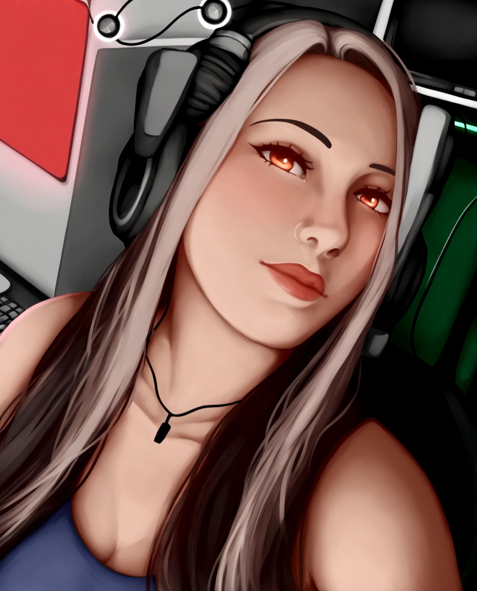 (((illustration)), (Depth of field: 1.2),standing alone,dynamic angle,1 girl,Hacker beautiful 28 year old girl with medium skin, Inside the house, hall, Dim hall, Sci-fi, neon, neon Lights, Computer hall, Gaming Headphones, Computer equipment, Server hall Background, display lights, Monitors, (LED Monitors, surrounded by multiple display Monitors: 1.5), gaming chair, dark haired, 2 mechas de cabelo brancas na parte da 正面, long hair, lightweight cyber clothing, energetic drinks, cables, messy room, 正面, fund.