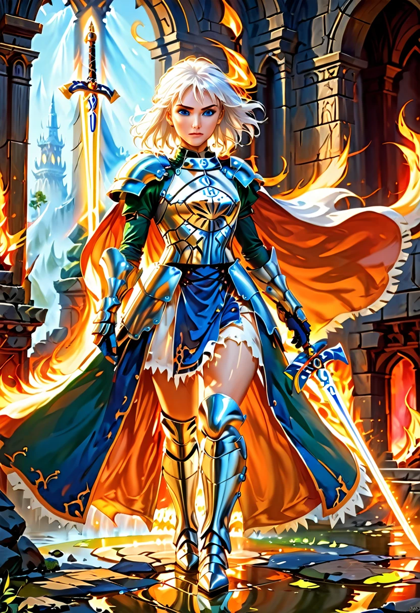 fantasy art, dnd art, RPG art, wide shot, (masterpiece: 1.4) portrait, intense details, highly detailed, photorealistic, best quality, highres, portrait a vedalken female (fantasy art, Masterpiece, best quality: 1.3) ((blue skin: 1.5)), intense details facial details, exquisite beauty, (fantasy art, Masterpiece, best quality) cleric, (blue colored skin: 1.5) 1person blue_skin, blue skinned female, (white hair: 1.3), long hair, intense green eye, fantasy art, Masterpiece, best quality) armed a fiery sword red fire, wearing heavy (white: 1.3) half plate mail armor CM-Beautiful_armor wearing high heeled laced boots, wearing an(orange :1.3) cloak, wearing glowing holy symbol GlowingRunes_yellow, within fantasy temple background, reflection light, high details, best quality, 16k, [ultra detailed], masterpiece, best quality, (extremely detailed), close up, ultra wide shot, photorealistic, RAW, fantasy art, dnd art, fantasy art, realistic art, ArmoredDress, Cinematic Hollywood Film, GlowingRunesAI_paleblue