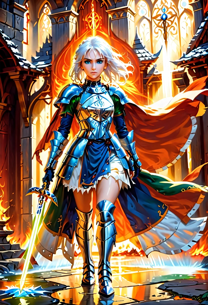 fantasy art, dnd art, RPG art, wide shot, (masterpiece: 1.4) portrait, intense details, highly detailed, photorealistic, best quality, highres, portrait a vedalken female (fantasy art, Masterpiece, best quality: 1.3) ((blue skin: 1.5)), intense details facial details, exquisite beauty, (fantasy art, Masterpiece, best quality) cleric, (blue colored skin: 1.5) 1person blue_skin, blue skinned female, (white hair: 1.3), long hair, intense green eye, fantasy art, Masterpiece, best quality) armed a fiery sword red fire, wearing heavy (white: 1.3) half plate mail armor CM-Beautiful_armor wearing high heeled laced boots, wearing an(orange :1.3) cloak, wearing glowing holy symbol GlowingRunes_yellow, within fantasy temple background, reflection light, high details, best quality, 16k, [ultra detailed], masterpiece, best quality, (extremely detailed), close up, ultra wide shot, photorealistic, RAW, fantasy art, dnd art, fantasy art, realistic art, ArmoredDress, Cinematic Hollywood Film, GlowingRunesAI_paleblue