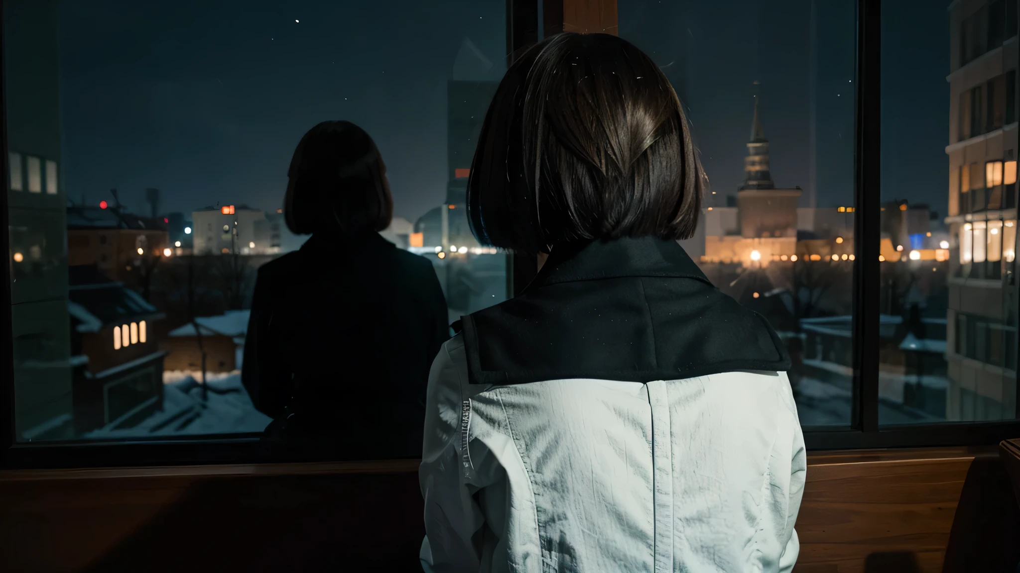 girl with a bob looking out the window sitting Russia night panels cool colors back view of the girl