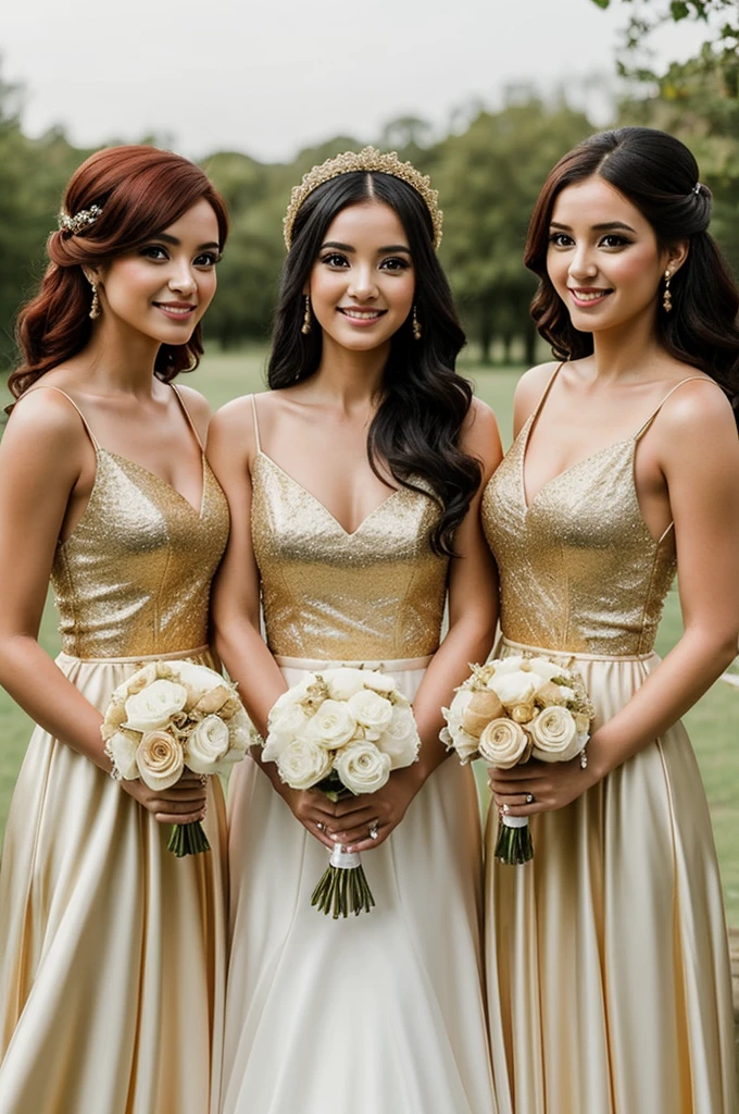 Create four bridesmaids with gold dresses, that two bridesmaids have black hair, one cute hair and the other red hair, and create a girl with a wedding dress