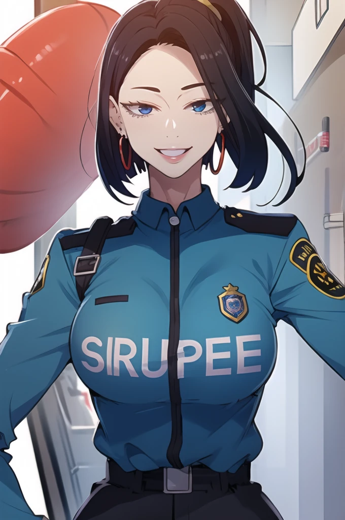 nari , blue eyes, black hair, short hair, big breasts,big hoop earrings ,hair ponytail , lipstick , police uniform , smiling