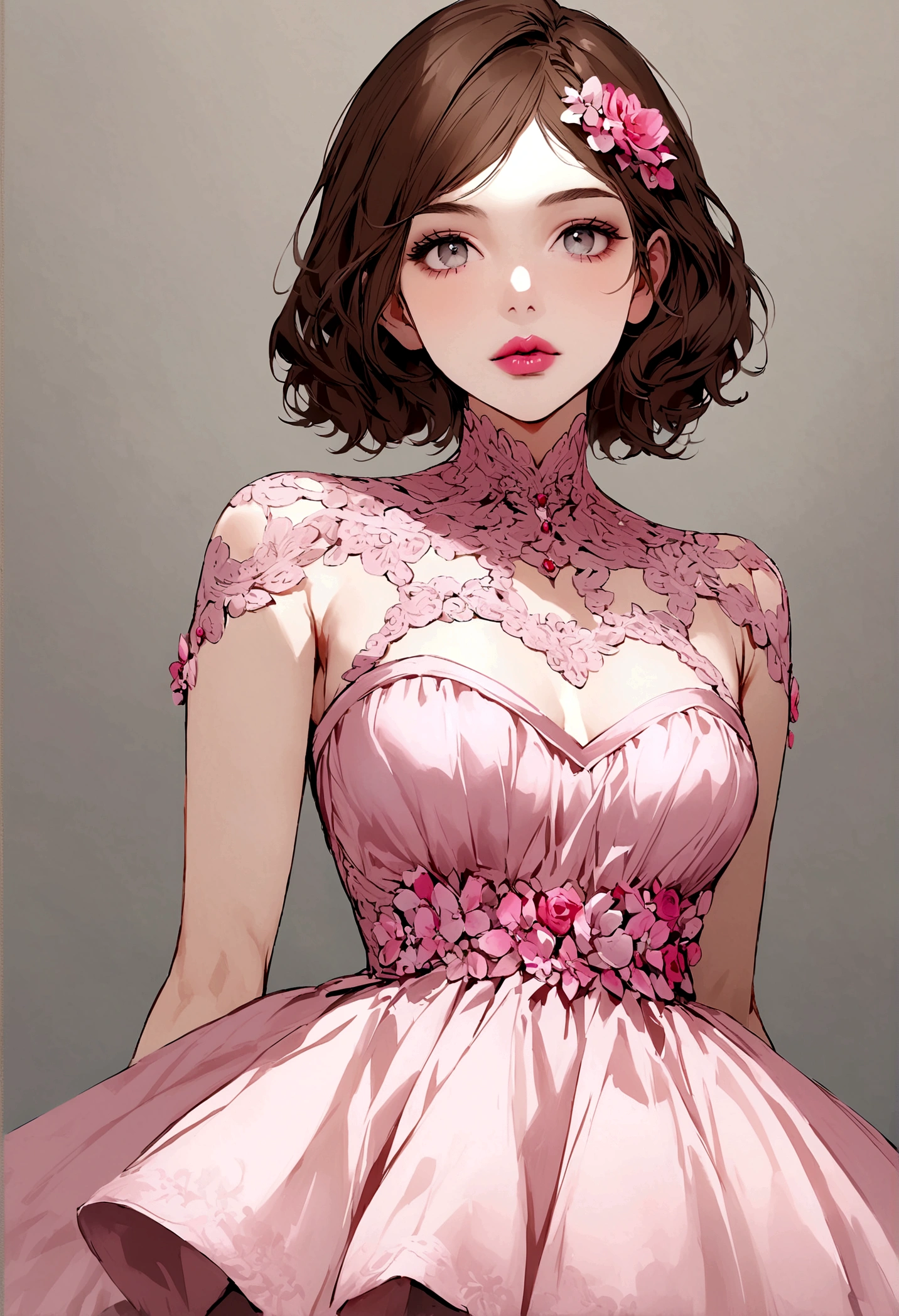 One with short brown hair, with bright gray eyes, your lips are pink, He wears a dress