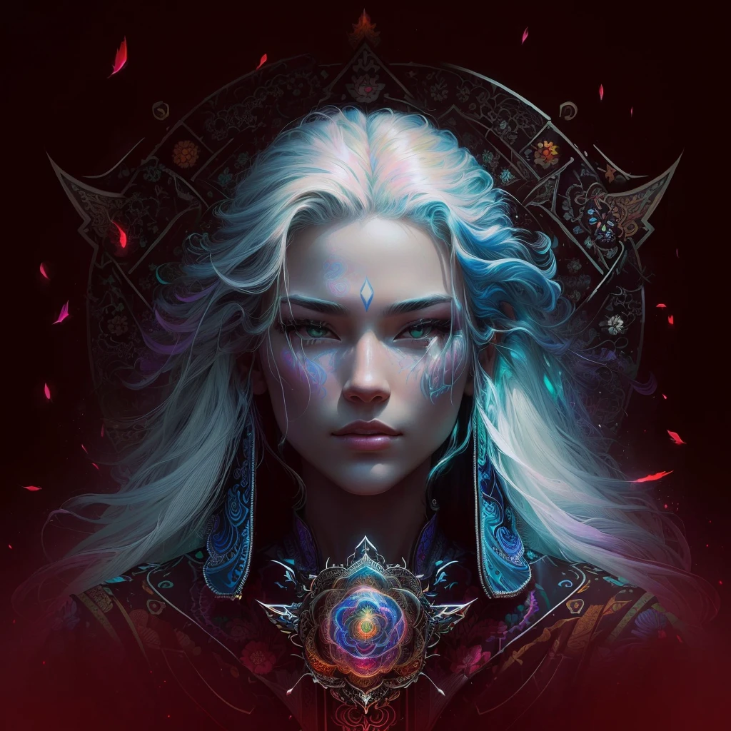 woman over 22 years of age looking at her higher self, meditating, completely relaxed and surrendering, cinematic, 4k ultra, beautiful face, ((full body)), detailed, perfect fingers, beautiful Asian woman from backside angle: 1.3, beautiful face with good sharpness, saturated colors, psychedelic image, LSD, mandala, fractal, 3D depth, dan mumford and alex grey style, sunset psychedelic, kilian eng vibrant colors, psychedelic landscape, kilian eng vibrant colors, dan mumford and albert bierstadt, official artwork, in the style dan mumford artwork, dan mumford paint, jen bartel, psychedelic art style, mythical floral hills