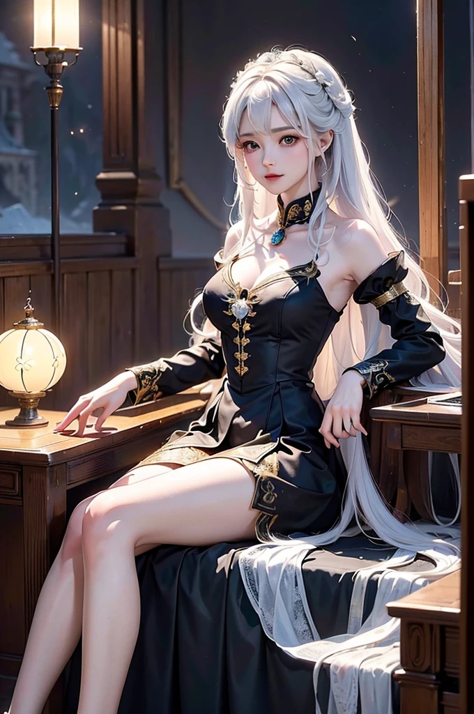 ((masterpiece:1.5,Highest quality,Highly detailed images,Beautiful images、Realistic、Photorealistic、2.5D))(1girl, 独奏)(Adult women、large breasts, white hair, beautiful eyes, Healthy legs、Tight ass、Beautiful cleavage)(Fantasy dresses、Fantasy Clothes、Black battle dress、black dress:1.5, Deep slit)(smile, wind, floating hair)(bright、Soft lighting、Inside the castle、The King's Chamber）
