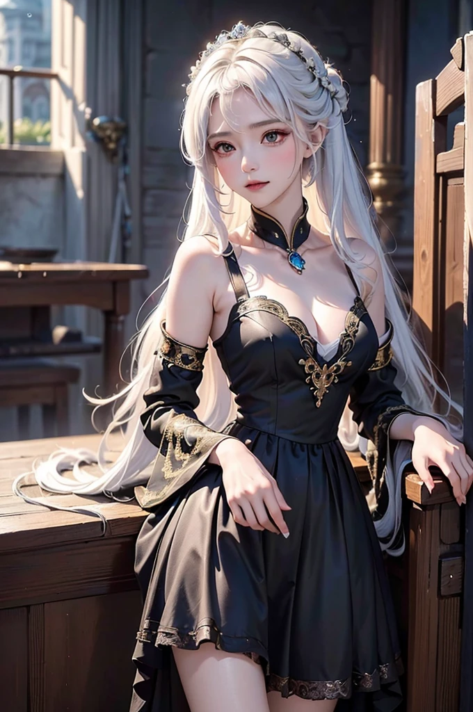 ((masterpiece:1.5,Highest quality,Highly detailed images,Beautiful images、Realistic、Photorealistic、2.5D))(1girl, 独奏)(Adult women、large breasts, white hair, beautiful eyes, Healthy legs、Tight ass、Beautiful cleavage)(Fantasy dresses、Fantasy Clothes、Black battle dress、black dress:1.5, Deep slit)(smile, wind, floating hair)(bright、Soft lighting、Inside the castle、The King's Chamber）
